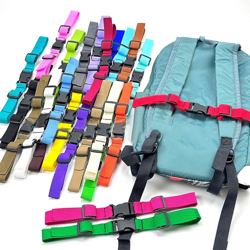 Adjustable tactical backpack chest strap harness in various colors and black straps
