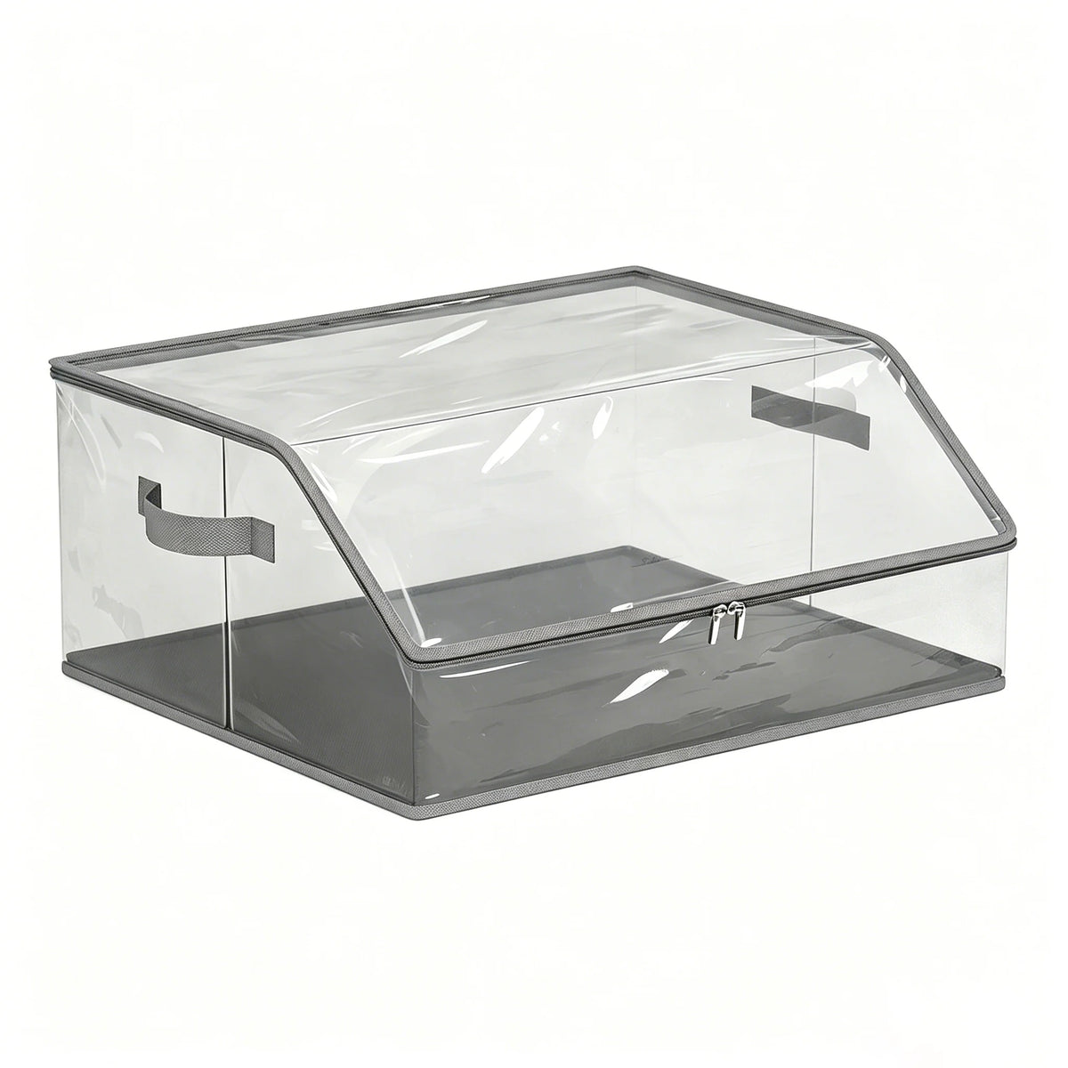 A clear, rectangular hat organizer with a slanted lid and a tray for closet storage.
