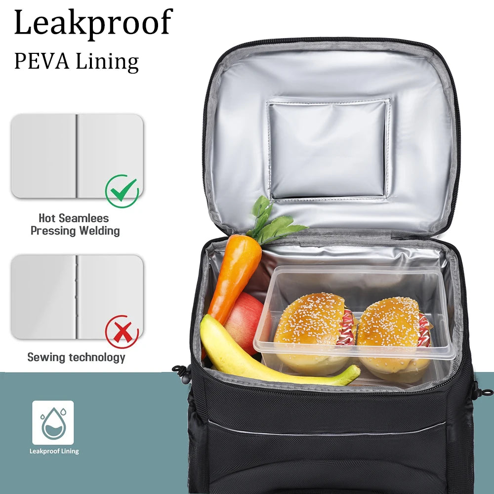 A black insulated thermal cooler backpack showing a leakproof PEVA lining and sewing technology details.