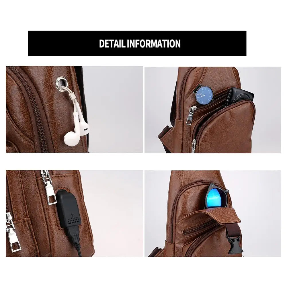 Detailaufnahmen einer braunen Leder-Crossbody-Tasche mit Reißverschlusszug, einer Uhr und einem blauen Linsenzubehör.