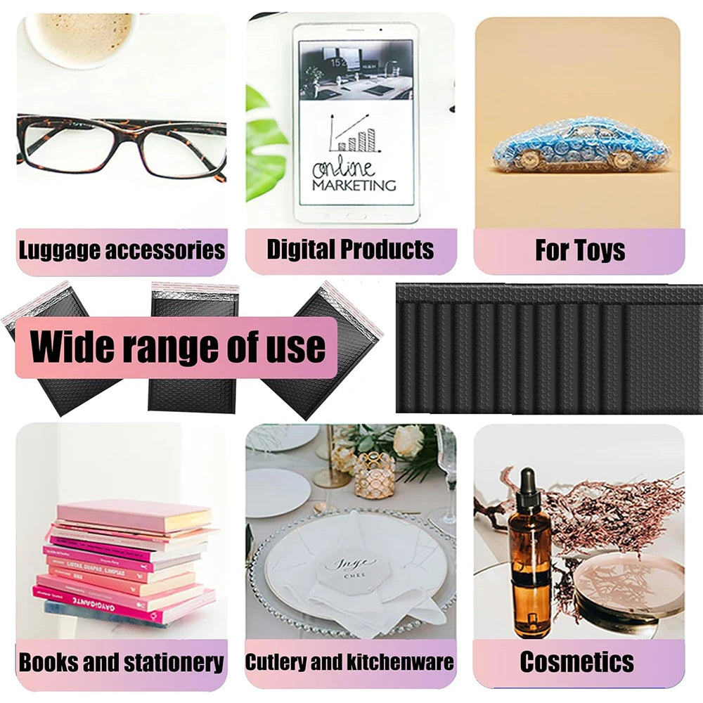 A variety of black bubble mailers with self-seal closures are shown alongside digital products, toys, and cosmetics.