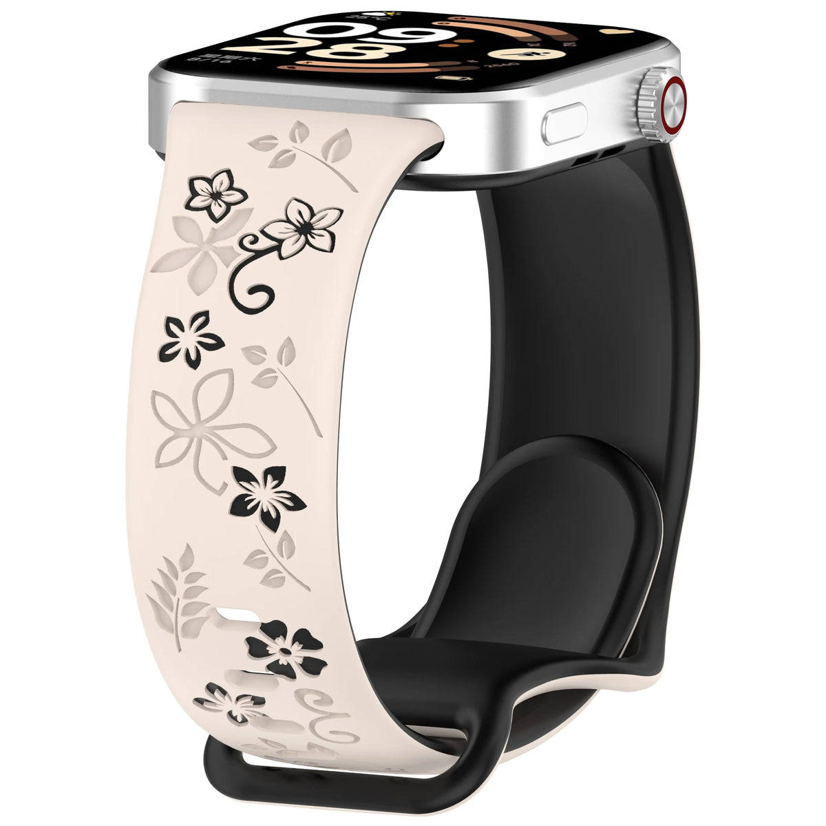 Reloj inteligente plateado con correa de silicona floral beige y banda negra.