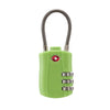 A green cable lock with a braided metal handle and three dials for combination locking.