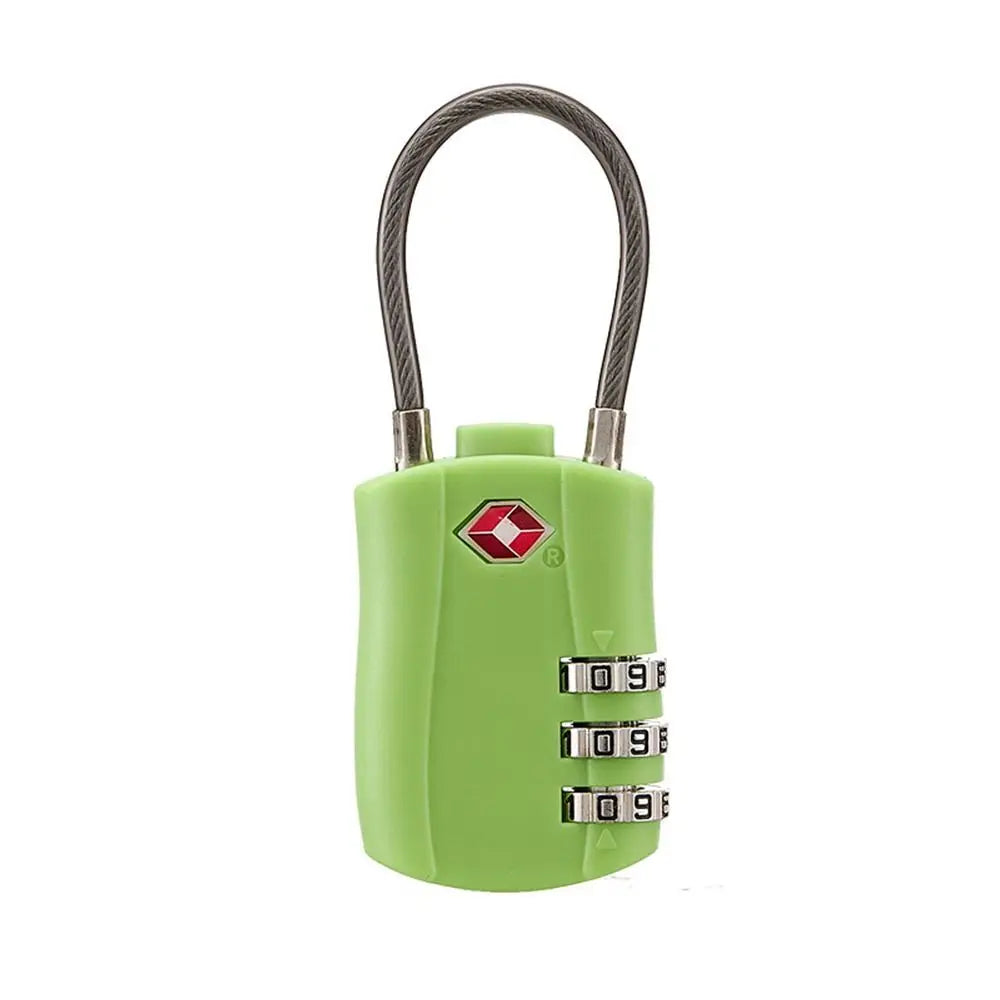 A green cable lock with a braided metal handle and three dials for combination locking.