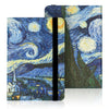 A dark blue and yellow starry night landscape painting displayed on a digital e-book cover with a protective strap.
