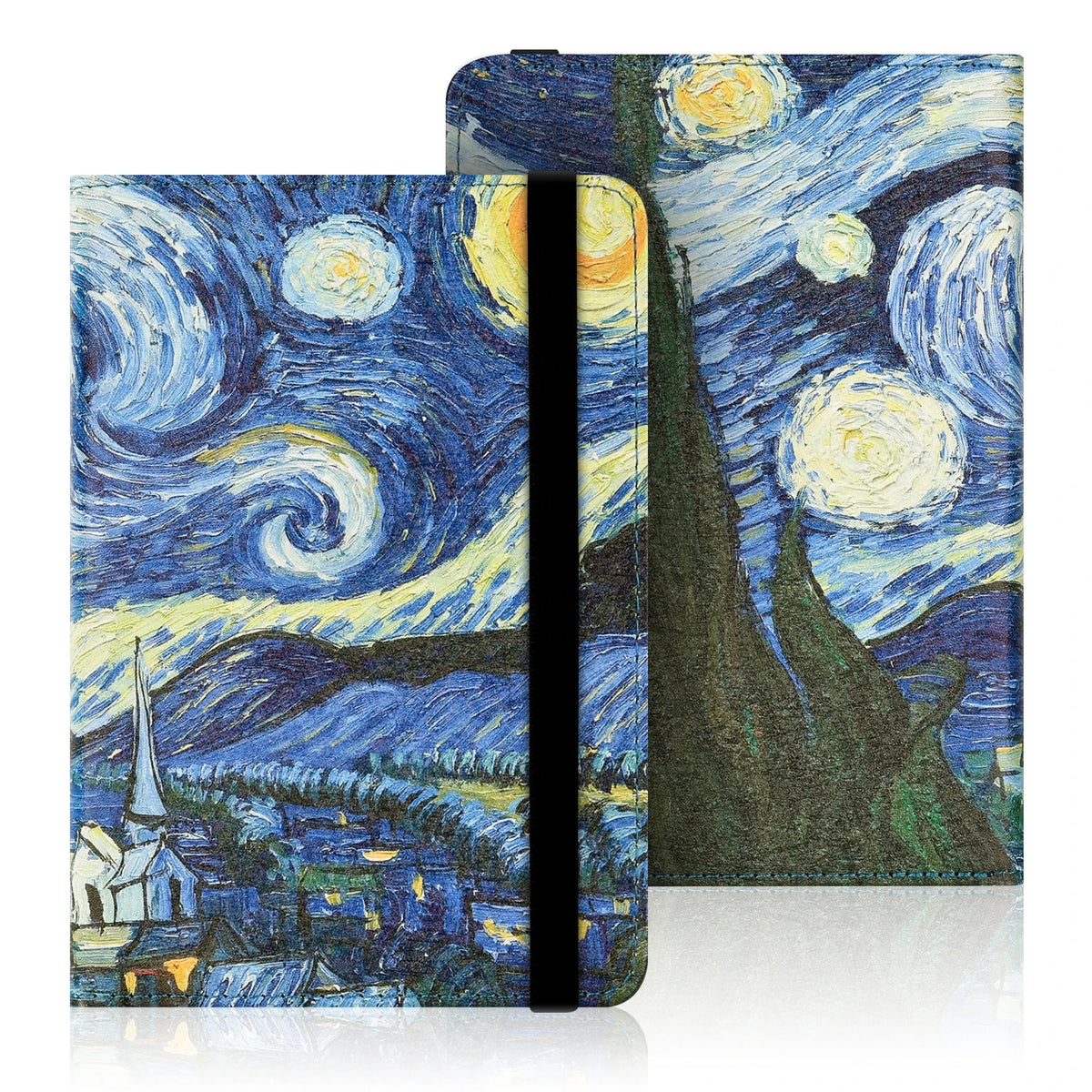 A dark blue and yellow starry night landscape painting displayed on a digital e-book cover with a protective strap.