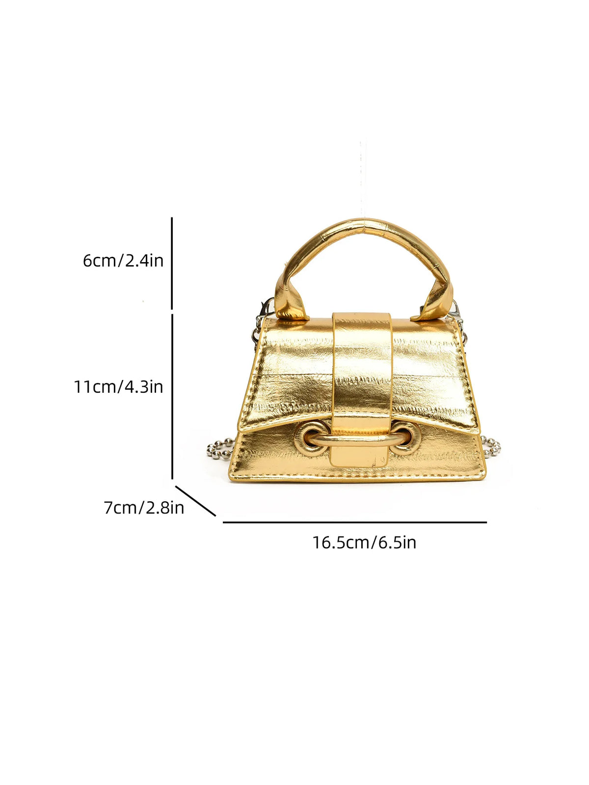A gold-toned square crossbody bag with a chain strap shown against a white background.