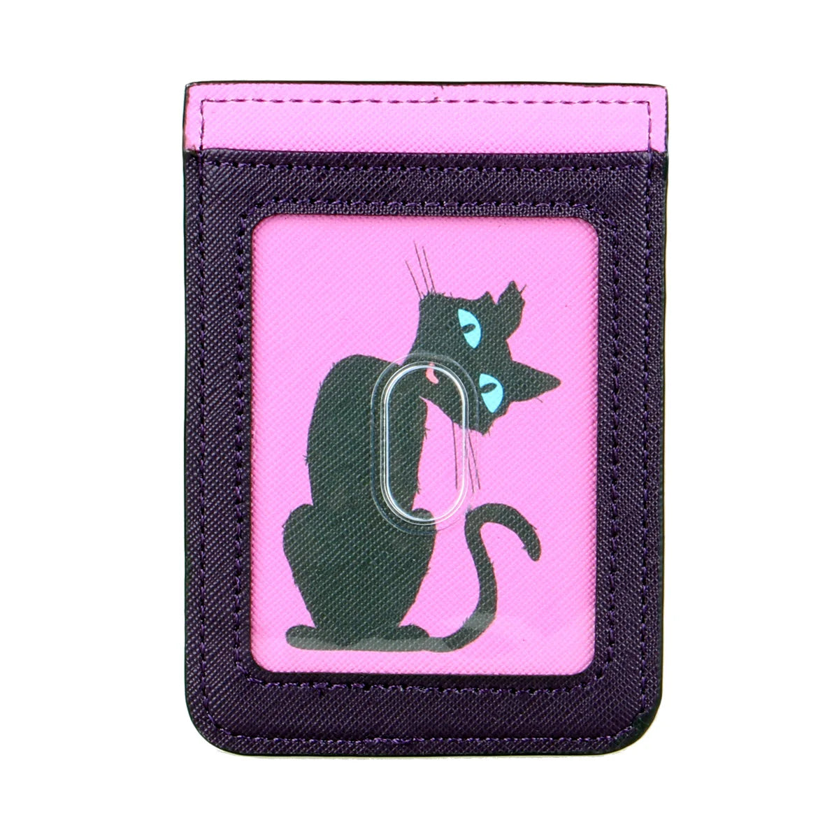 A pink fabric pouch with a black silhouette of a cat printed on it.