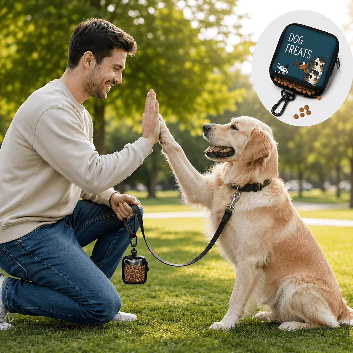 A man is shaking hands with a golden retriever while the dog holds a treat pouch with a transparent window.