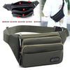 Petit sac banane imperméable vert olive foncé avec plusieurs poches et une sangle noire, montrant ses composants.