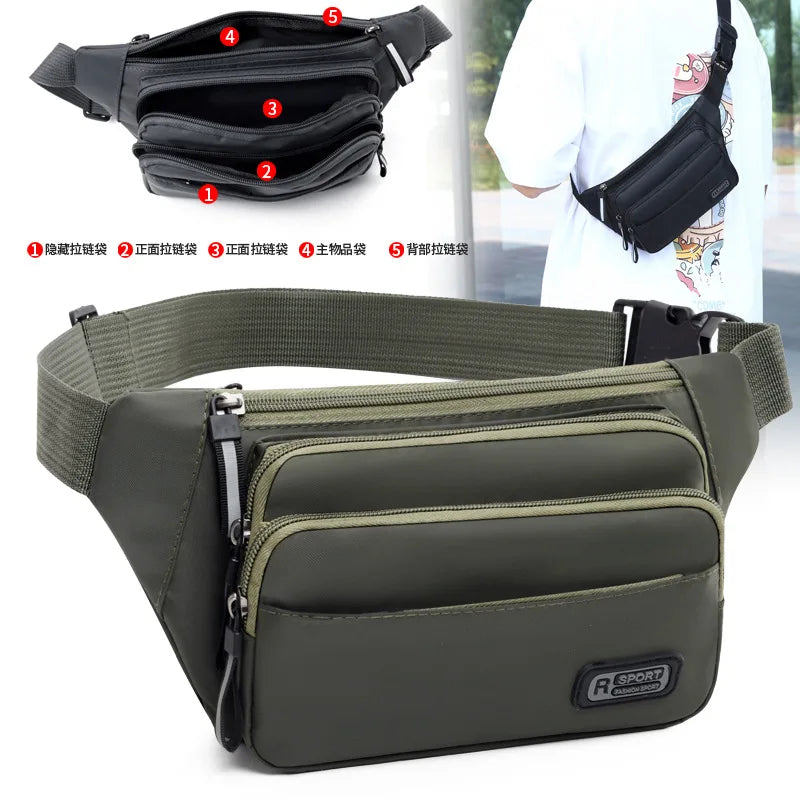 Petit sac banane imperméable vert olive foncé avec plusieurs poches et une sangle noire, montrant ses composants.