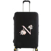 Black luggage protector cover with a pink floral monogram design and silver handle.