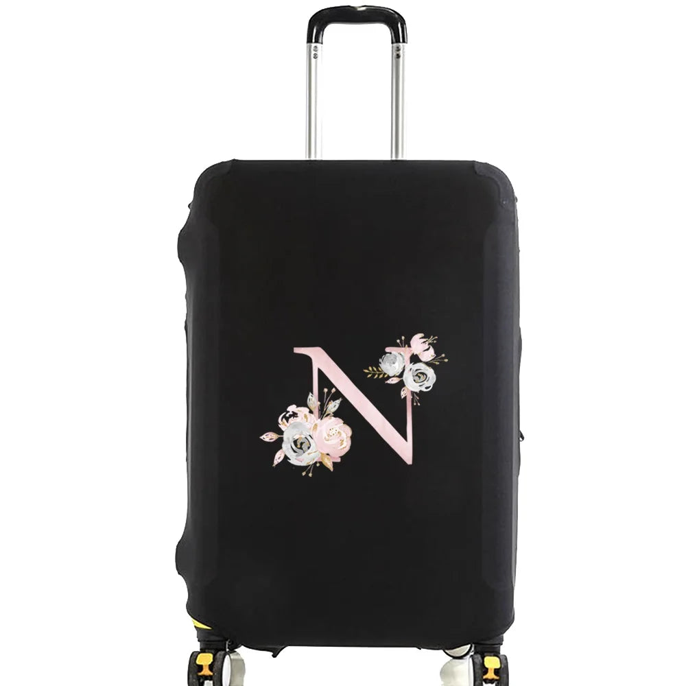 Black luggage protector cover with a pink floral monogram design and silver handle.