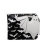 Black and white bat print PU leather bi-fold wallet with a zipper pocket