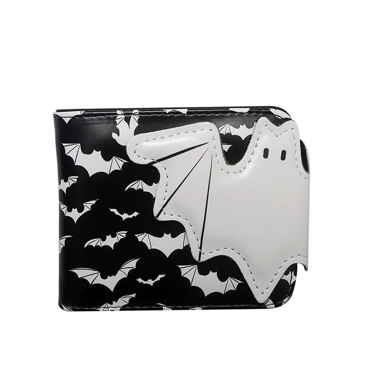 Black and white bat print PU leather bi-fold wallet with a zipper pocket