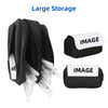 Black pencil case with large storage capacity showing various pens and pencils.