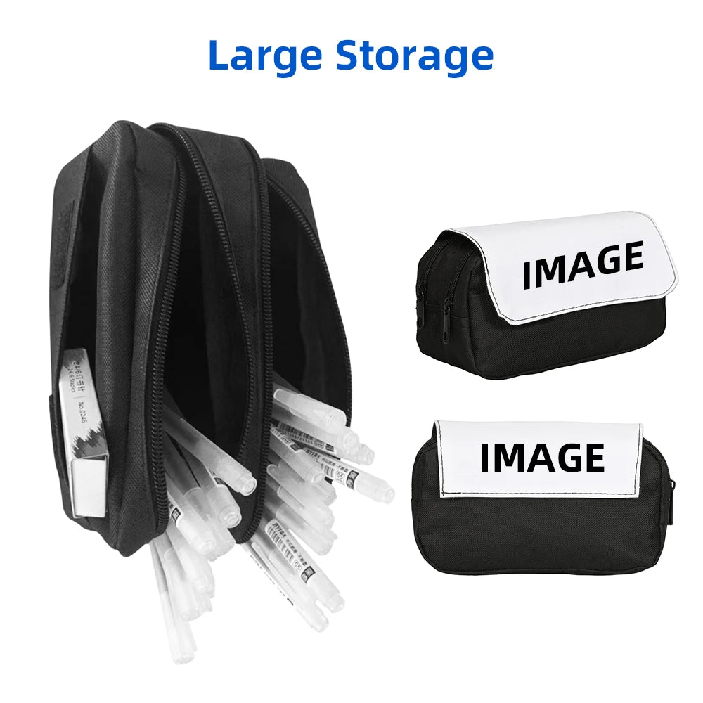 Black pencil case with large storage capacity showing various pens and pencils.