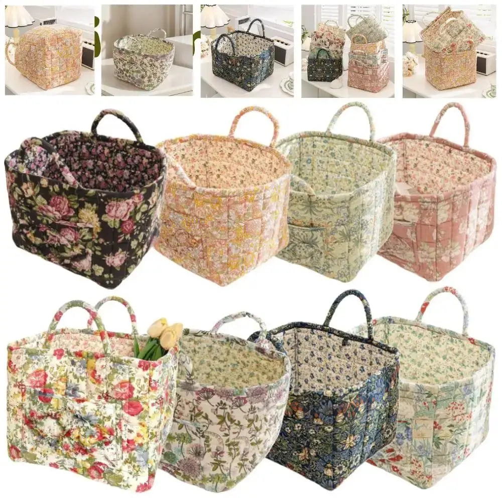 A collection of quilted fabric storage baskets in various floral patterns and colors.