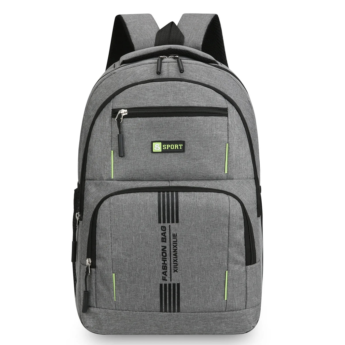 A gray men's lightweight commuter backpack with black zippers and neon green accents.