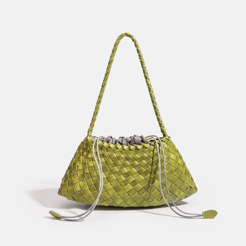 A handwoven lime green PU shoulder bag with a woven texture and long straps.