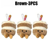 Three brown bread plush keychains with striped straws and gold chains