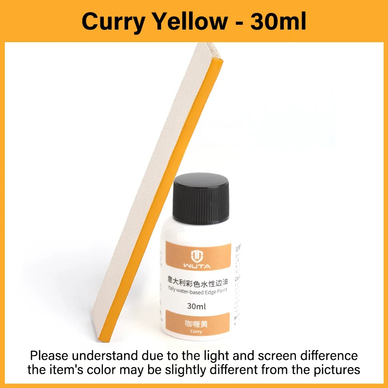 Petty flacon en verre Curry Yellow 30ml, peinture à l'huile à bord de cuir avec étiquette blanche et orange.