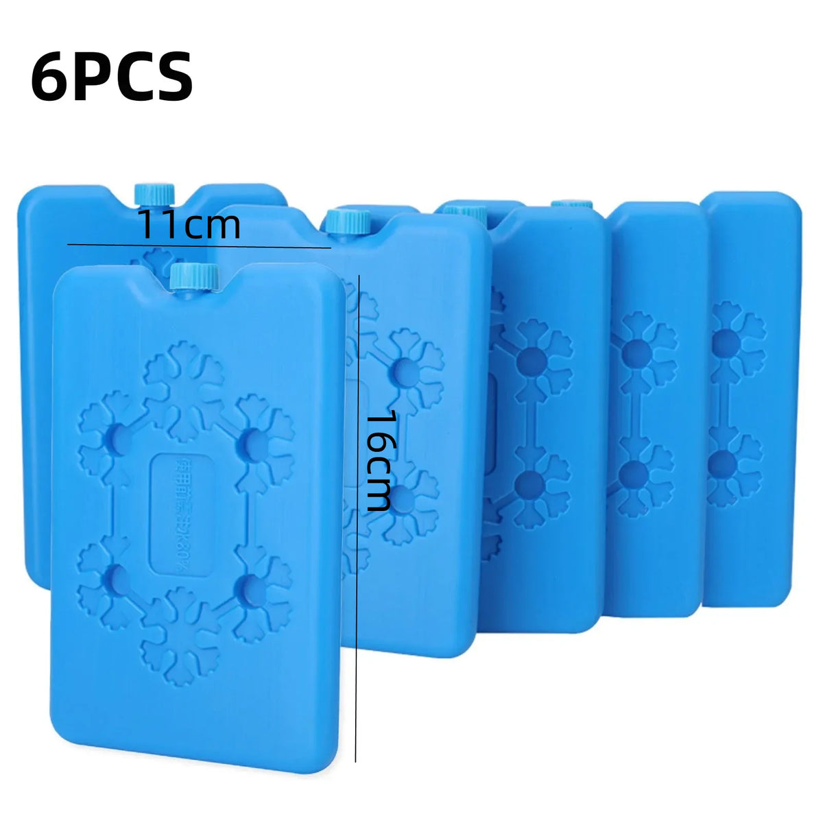 Six reusable blue ice packs with floral patterns shown side by side.