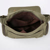 Olive green canvas messenger bag with a flap and interior lining visible.