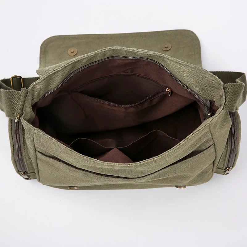 Olive green canvas messenger bag with a flap and interior lining visible.