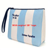 Bolsa cosmética a rayas azul claro y blanco con el texto 'The place to be' y Summer Paradise