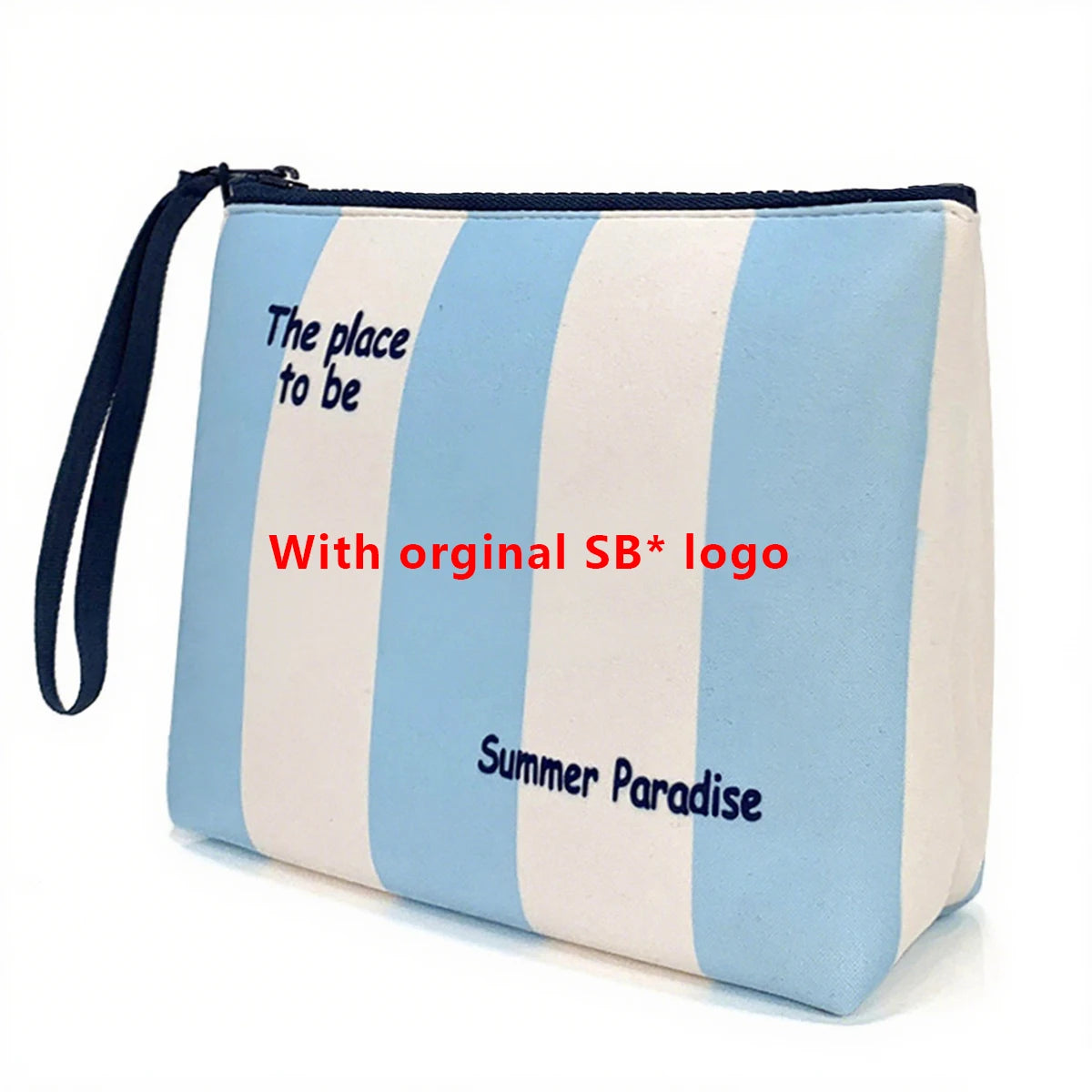 Bolsa cosmética a rayas azul claro y blanco con el texto 'The place to be' y Summer Paradise