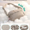 A beige feather-light, hassle-free crossbody bag is shown against a white cloud background.