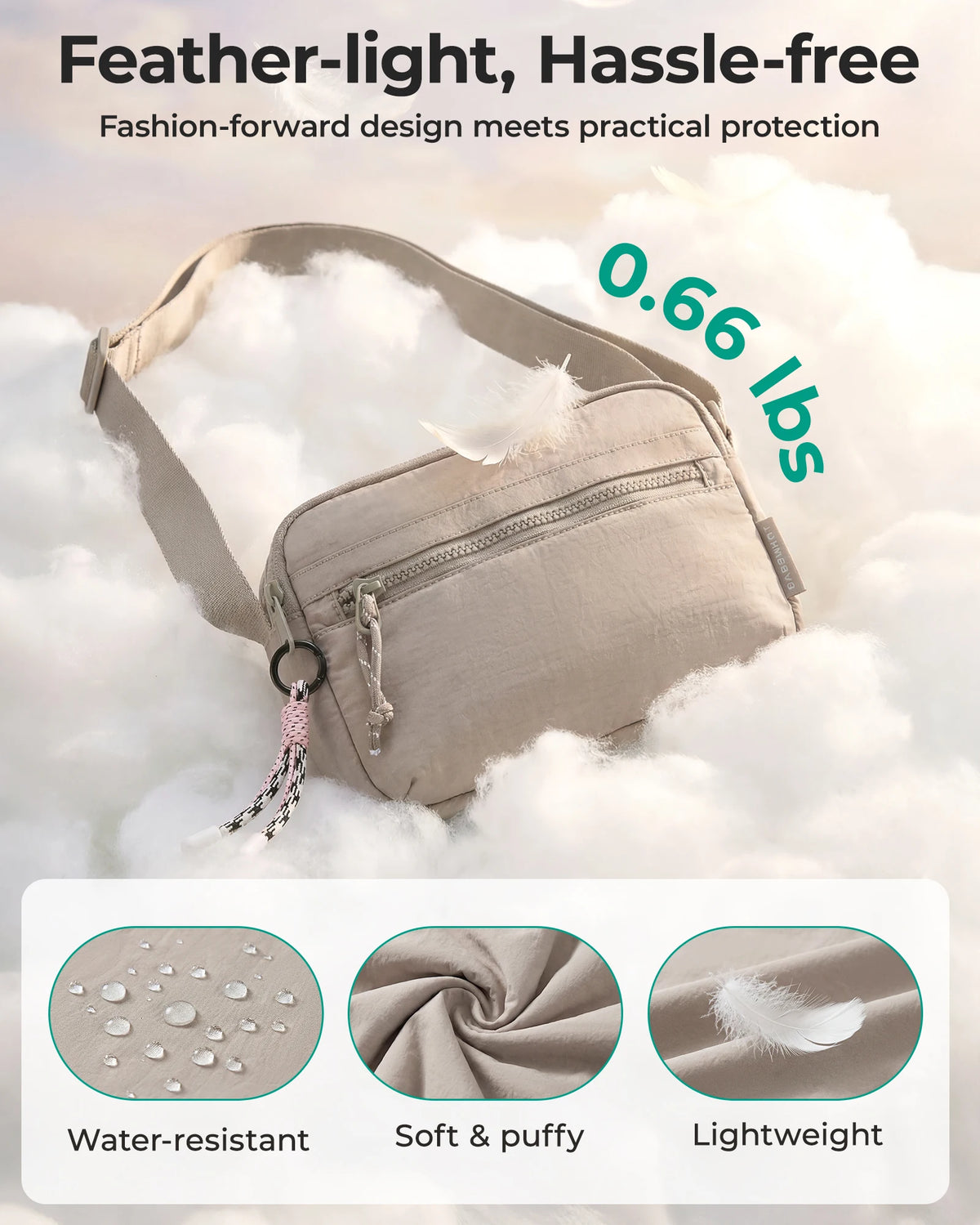 A beige feather-light, hassle-free crossbody bag is shown against a white cloud background.
