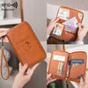 A brown leather passport holder with an RFID protection feature is shown being used to store a passport and cash.