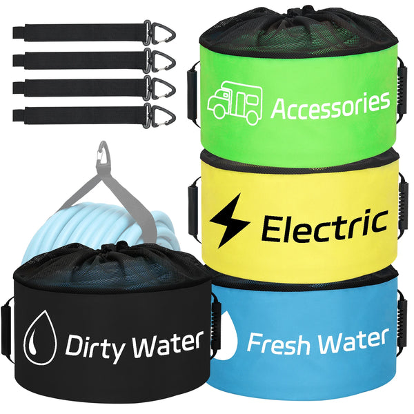 A set of four waterproof storage bags for RV hoses, labeled Dirty Water, Electric, Accessories, and Fresh Water.