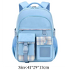 Light blue children's school backpack with a light plaid trim and mesh pockets