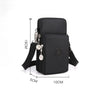 Black compact nylon crossbody phone bag with an adjustable strap shown from the side and top.