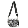 Black nylon crossbody bag with a leopard print pattern and a black adjustable strap