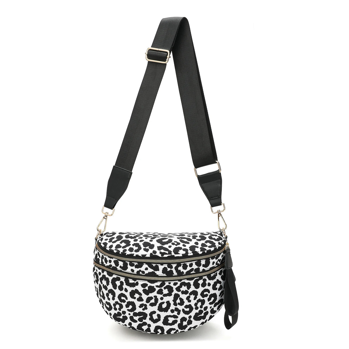 Black nylon crossbody bag with a leopard print pattern and a black adjustable strap