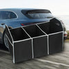 A black multi-pocket car trunk organizer with a foldable design is shown in motion.