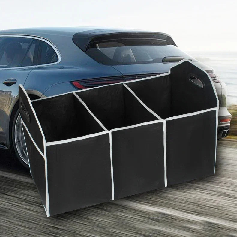 A black multi-pocket car trunk organizer with a foldable design is shown in motion.