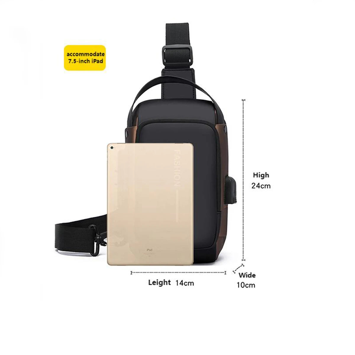 A black anti-theft lock chest bag with a beige iPad sleeve and a black strap.