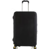 Black luggage with a silver handle and wheels covered by a pink floral protector cover