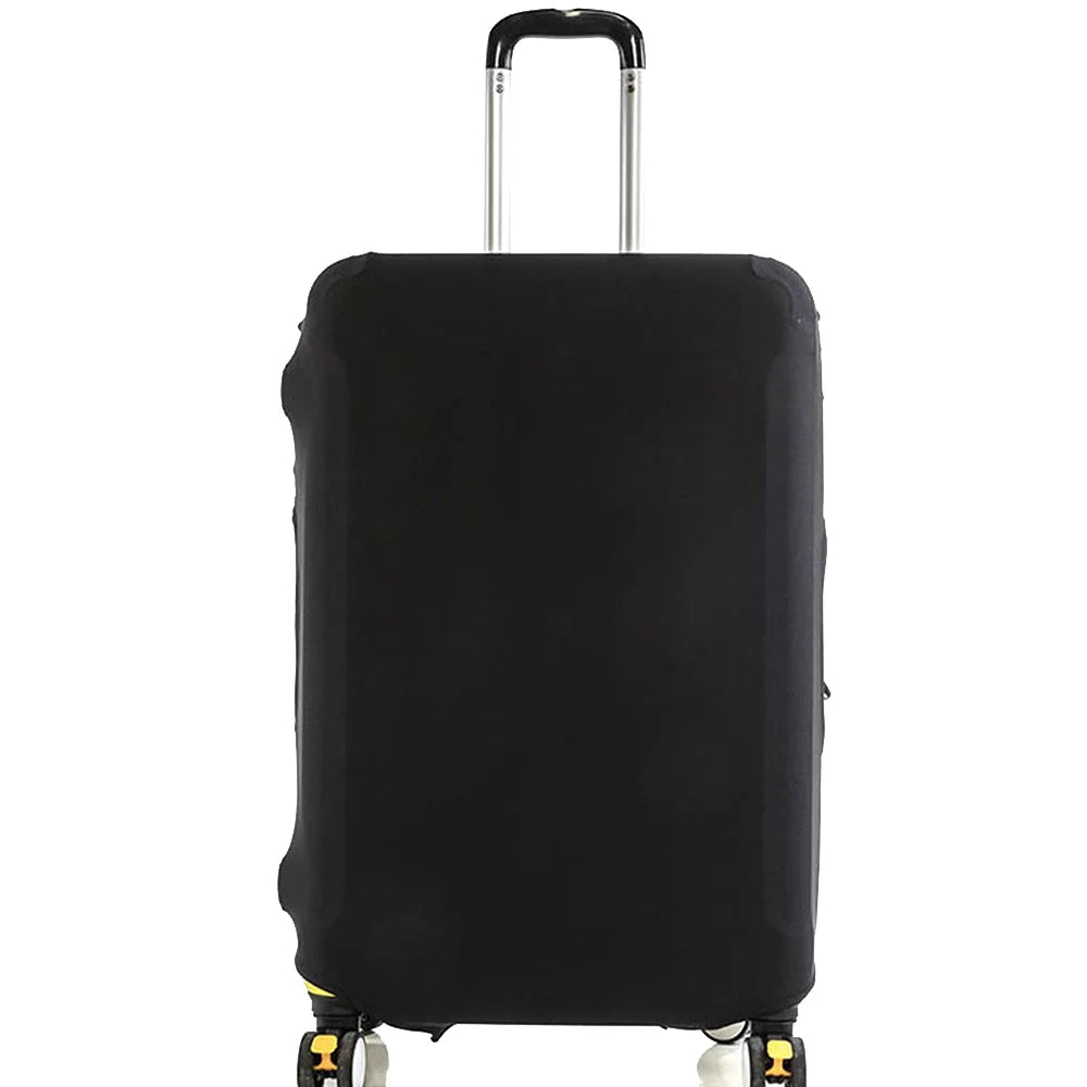 Black luggage with a silver handle and wheels covered by a pink floral protector cover