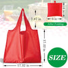 A bright red reusable foldable grocery tote bag shown in various states, including unfolded and folded.