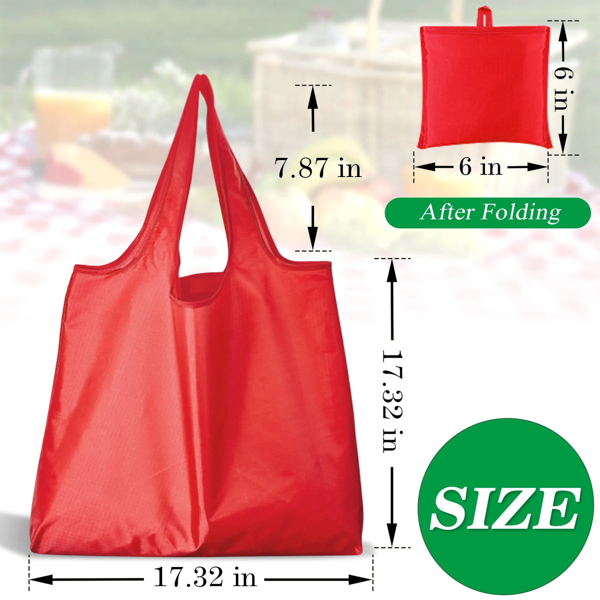 A bright red reusable foldable grocery tote bag shown in various states, including unfolded and folded.