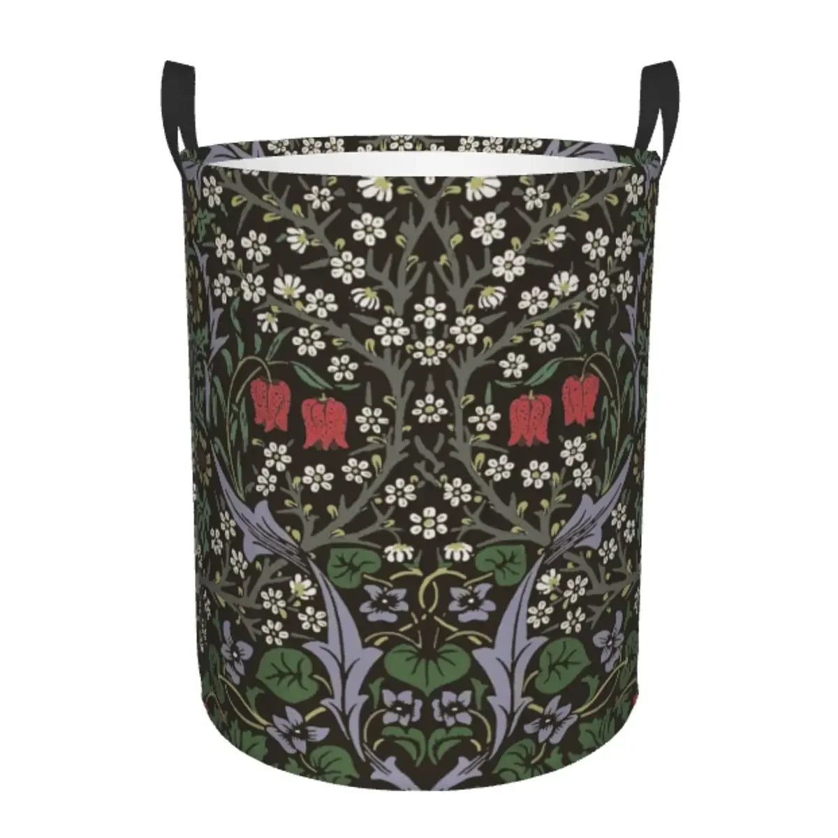A dark floral patterned laundry hamper with black handles.