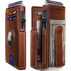 Cartera de tarjetas de cuero marrón para hombre, plegable de aluminio con múltiples compartimentos y funda protectora.
