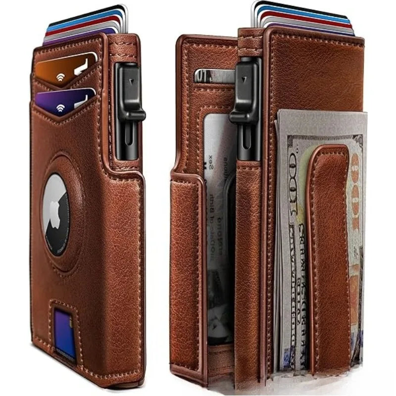 Cartera de tarjetas de cuero marrón para hombre, plegable de aluminio con múltiples compartimentos y funda protectora.