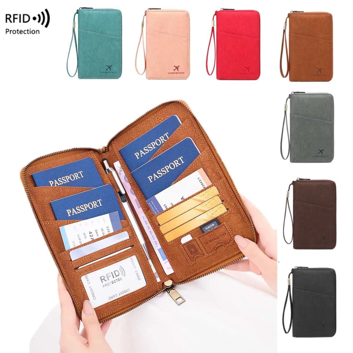 A brown leather passport and document holder is shown open, displaying various passports and cards, with several colored RFID